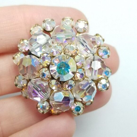 Vintage Sparkly AB Rhinestone and Glass Bead Cluster Brooch, Iridescent Pin - Picture 5 of 6
